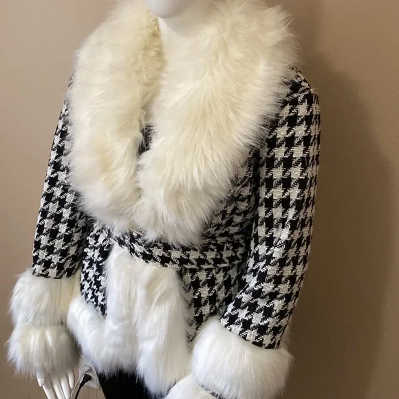 Woman's Azalea Wang Faux Fur Checker Winter Coat - Black & White - Size XL - Picture 5 of 16
